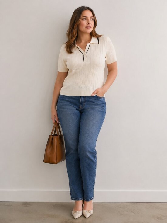 Adrianna Papell Tops - Adrianna Papell Cream Polo Top Black Trim Ribbed Knit, Size Large